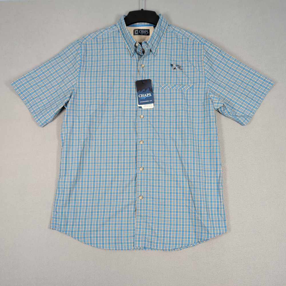 Chaps‎ Button Down Mens L Blue Trekker Shirt Short Sleeve Plaid UPF 50 Hiking